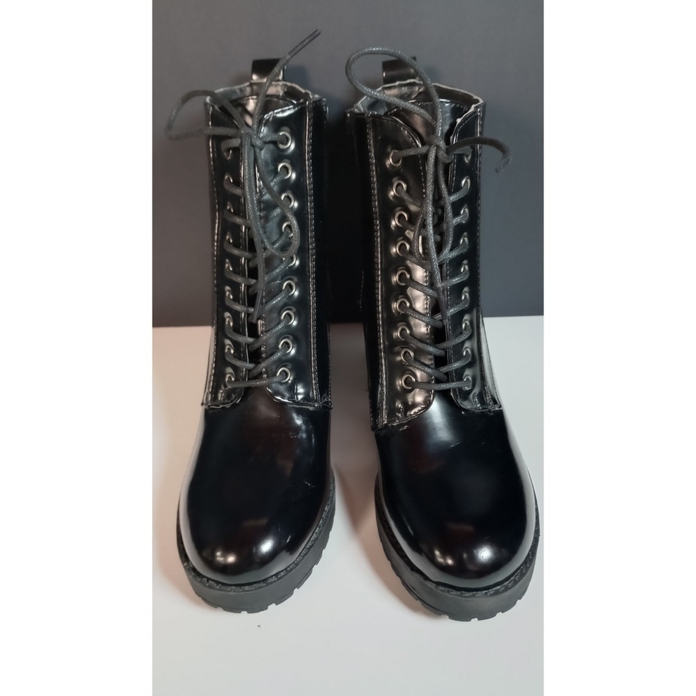 Pink & Pepper Black Patent Lace up Side Zip Boot W 7.5 Lug Platform Chunky Goth
